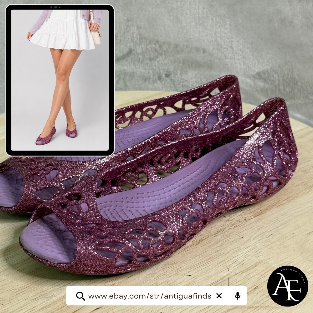Crocs Isabella Glitter Flats Pink Purple Floral Cutout Peep Toe Shoes J3 Women 5